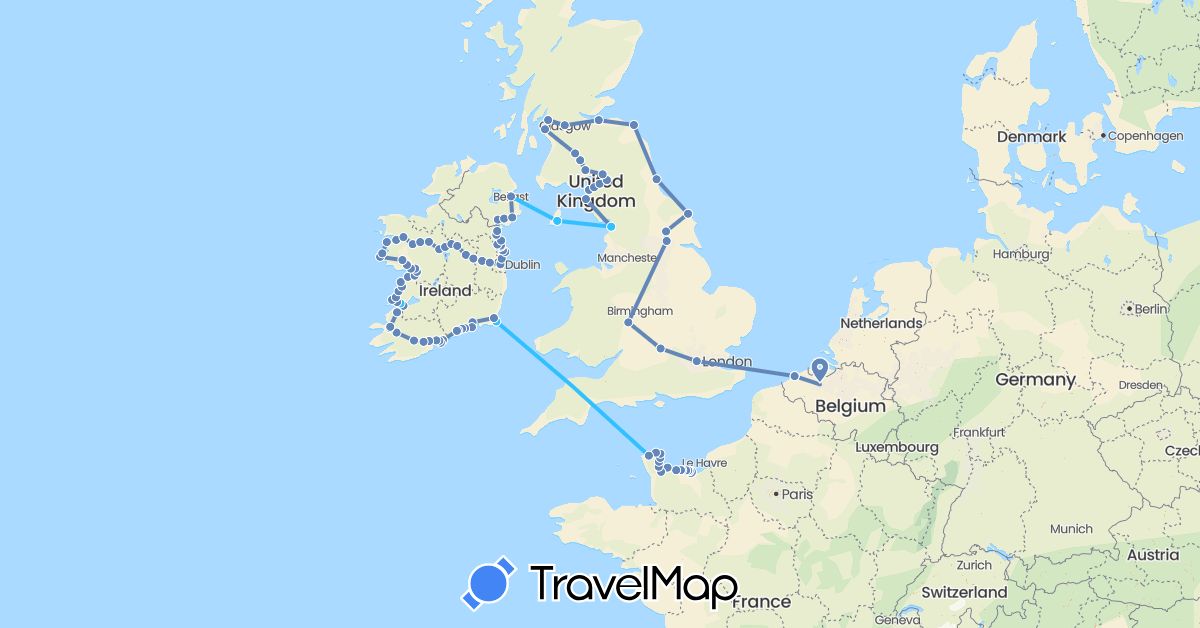 TravelMap itinerary: cycling, boat in Belgium, France, United Kingdom, Ireland, Isle of Man (Europe)